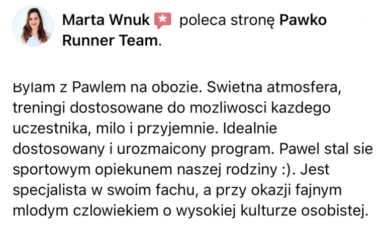 Opinia z Facebooka o treningach Pawko Runner Team