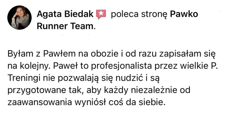 Opinia z Facebooka o treningach Pawko Runner Team