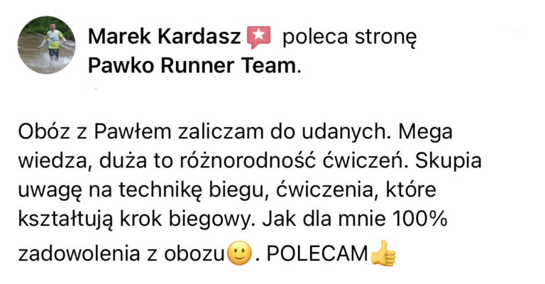 Opinia z Facebooka o treningach Pawko Runner Team