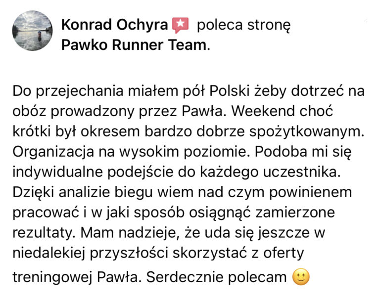 Opinia z Facebooka o treningach Pawko Runner Team