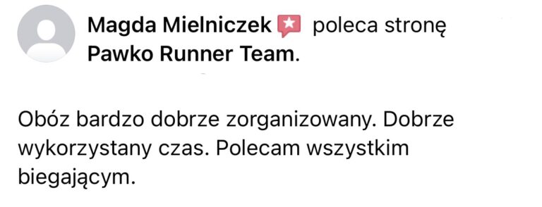 Opinia z Facebooka o treningach Pawko Runner Team