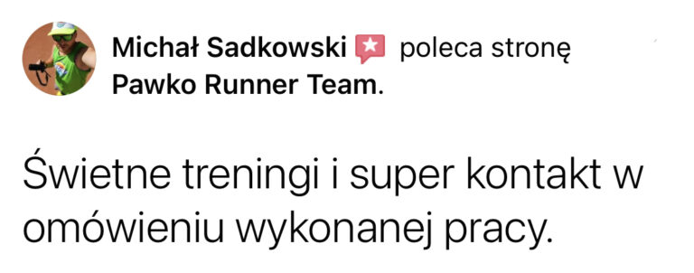 Opinia z Facebooka o treningach Pawko Runner Team