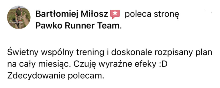 Opinia z Facebooka o treningach Pawko Runner Team