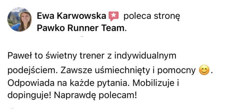 Opinia z Facebooka o treningach Pawko Runner Team