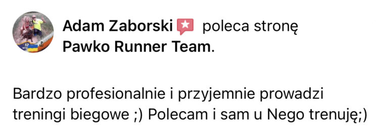 Opinia z Facebooka o treningach Pawko Runner Team