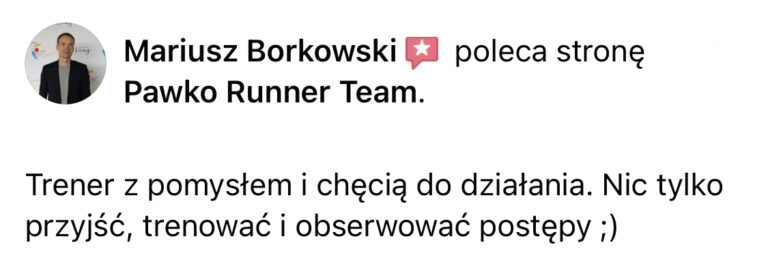 Opinia z Facebooka o treningach Pawko Runner Team