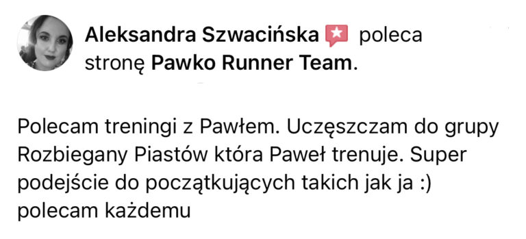 Opinia z Facebooka o treningach Pawko Runner Team