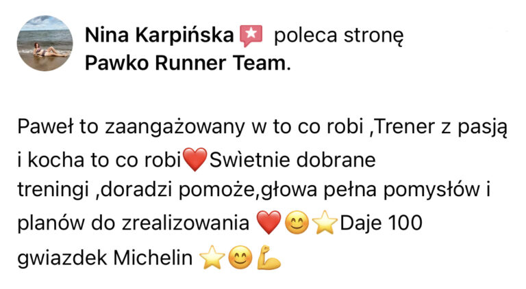Opinia z Facebooka o treningach Pawko Runner Team