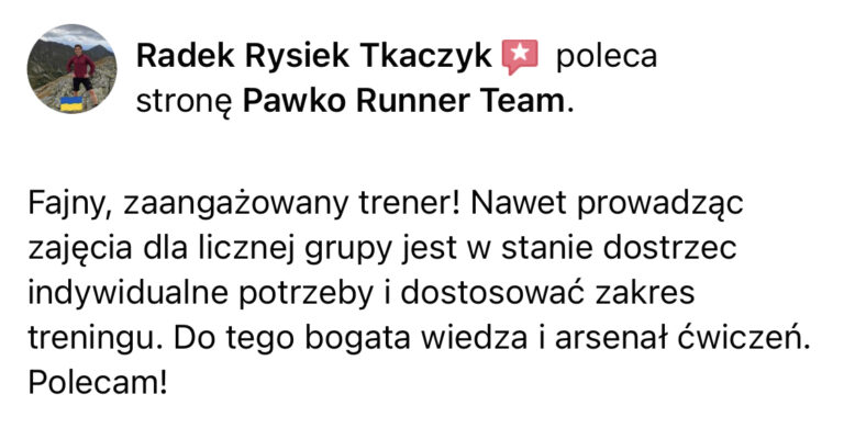 Opinia z Facebooka o treningach Pawko Runner Team