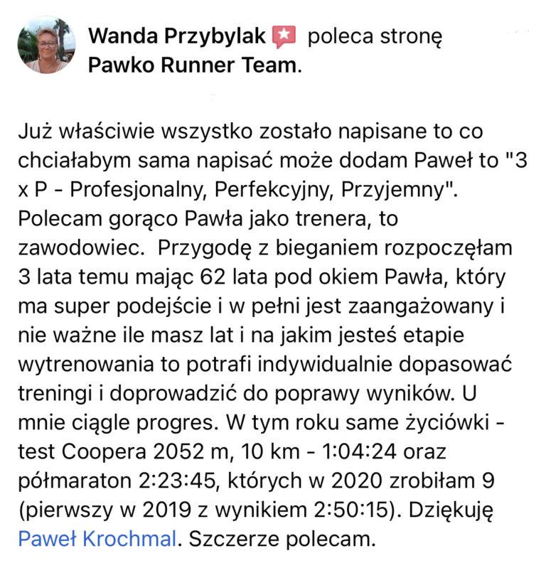 Opinia z Facebooka o treningach Pawko Runner Team