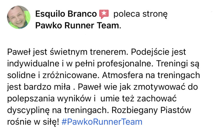 Opinia z Facebooka o treningach Pawko Runner Team