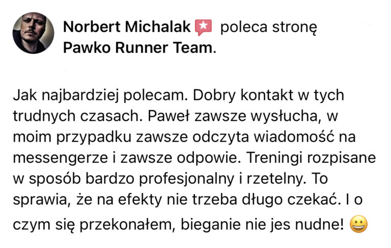 Opinia z Facebooka o treningach Pawko Runner Team