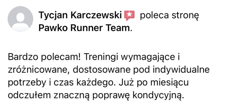 Opinia z Facebooka o treningach Pawko Runner Team