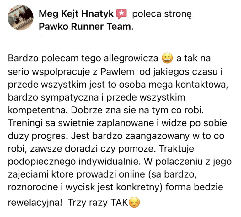 Opinia z Facebooka o treningach Pawko Runner Team