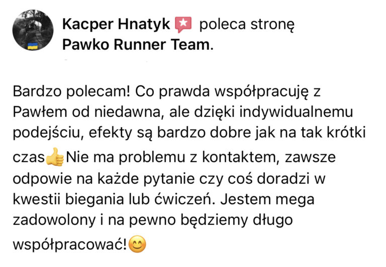 Opinia z Facebooka o treningach Pawko Runner Team